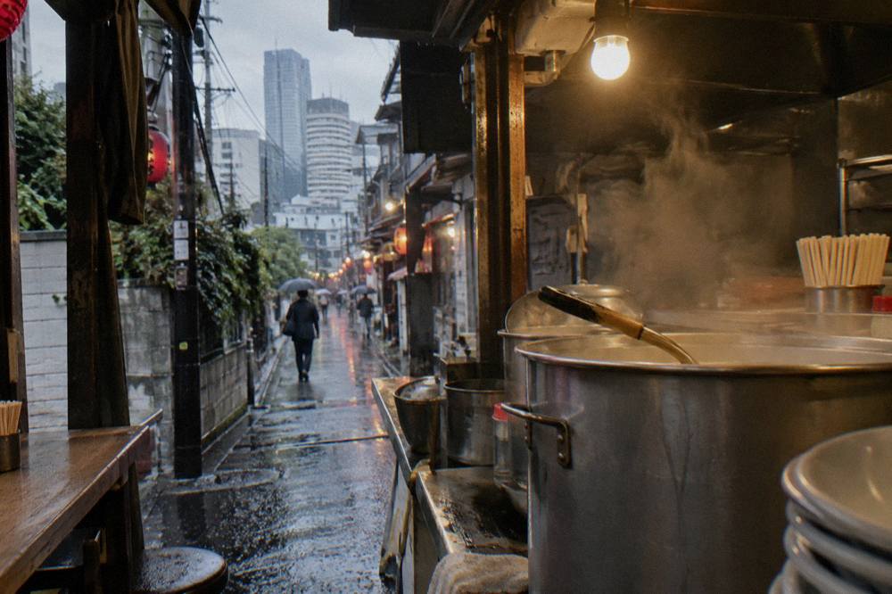 Steam rising from a pot inside a small Tokyo ramen shop counter at dinner time