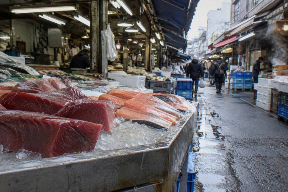 Fresh seafood on ice displayed at an open stall in Tsukiji Outer Market