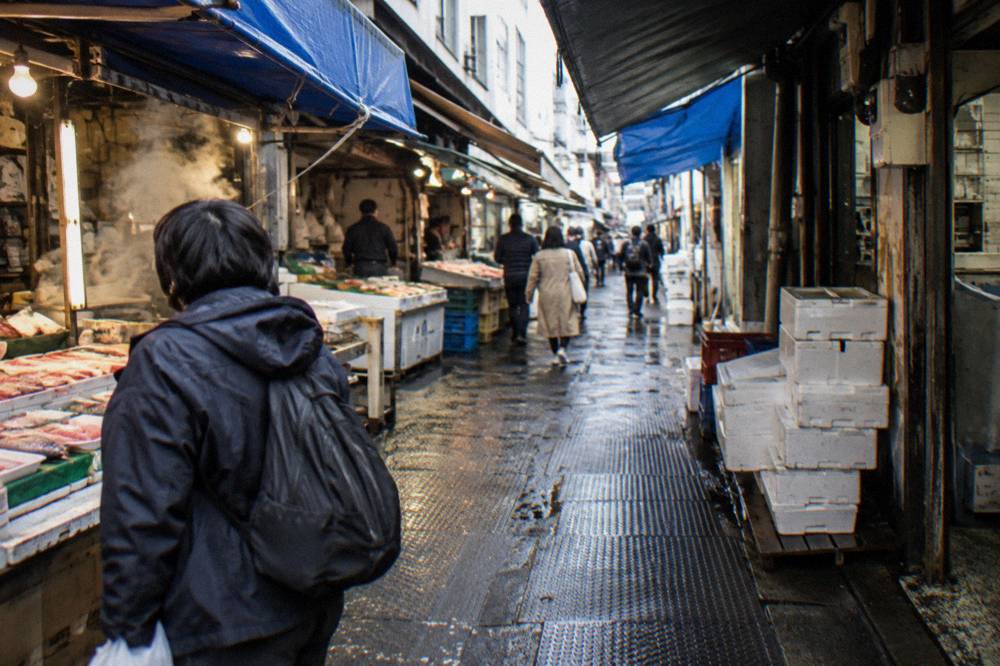 A narrow Tsukiji lane with covered stalls and shoppers moving between them in the morning