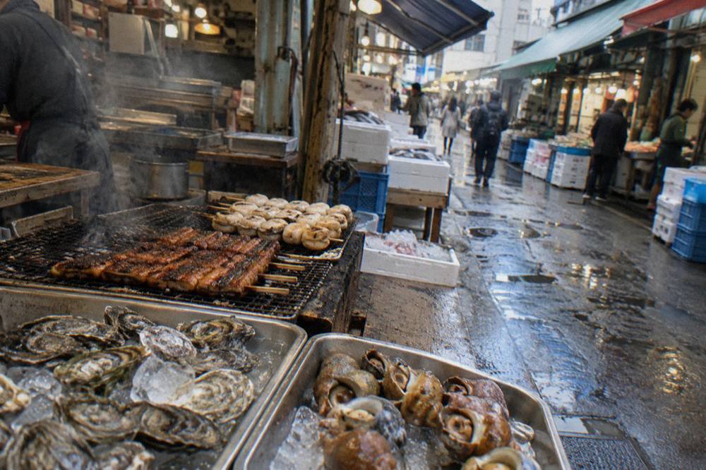 Close view of grilled seafood skewers and fresh shellfish displayed on ice at a market stall counter