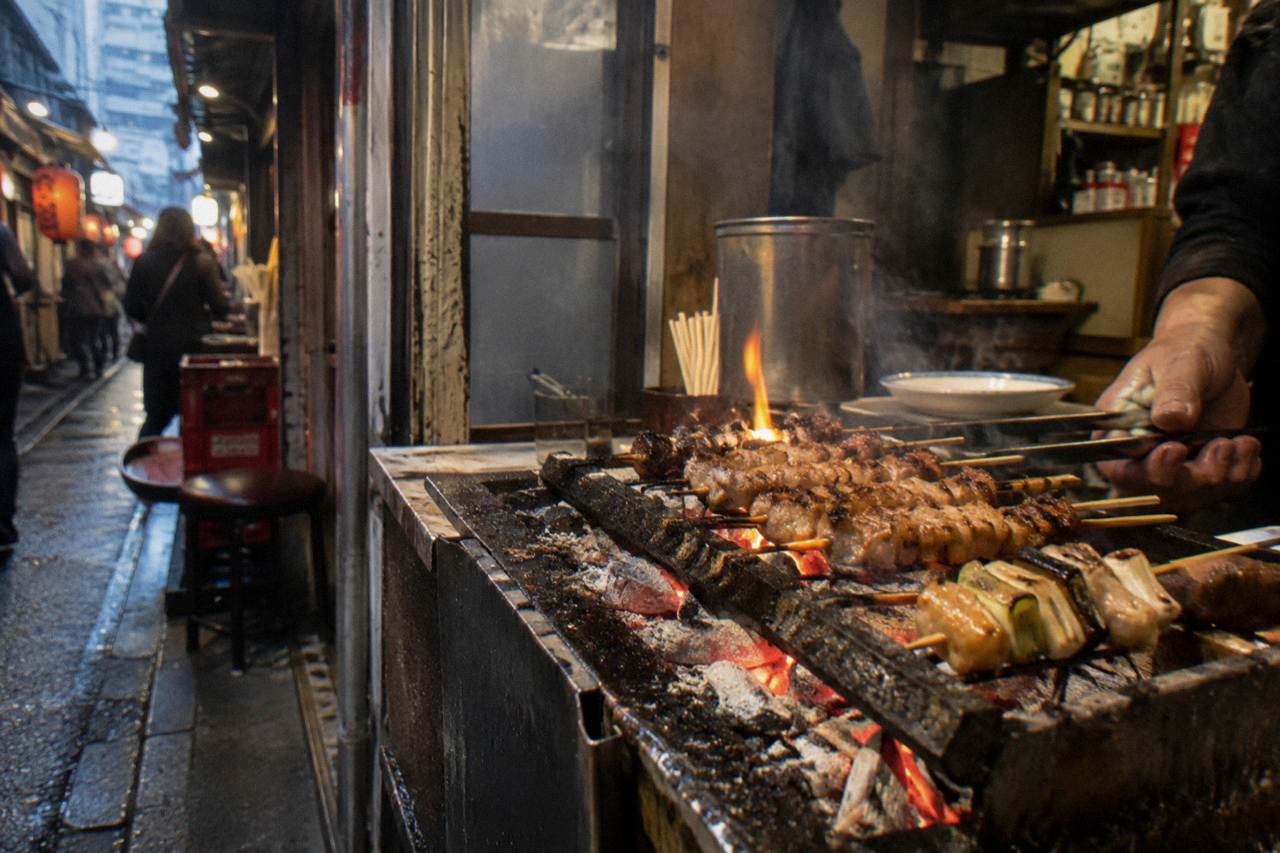 Close view of yakitori skewers grilling over charcoal at a narrow Shinjuku counter