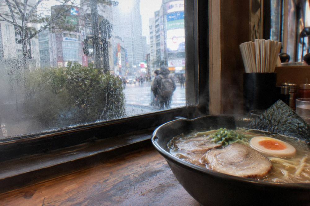 A steaming bowl of ramen with sliced pork and a soft egg on a counter