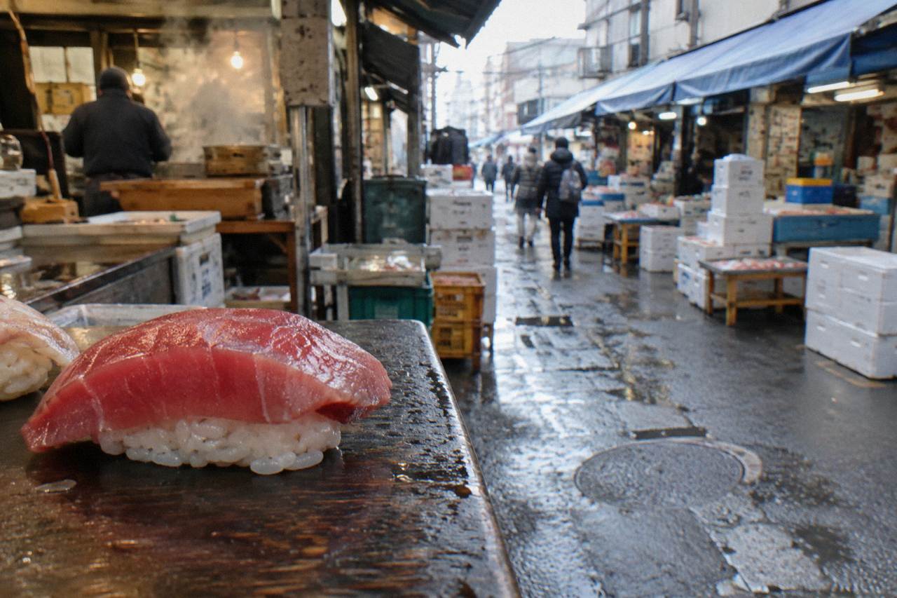 Close view of fresh nigiri sushi pieces resting on a dark wooden counter