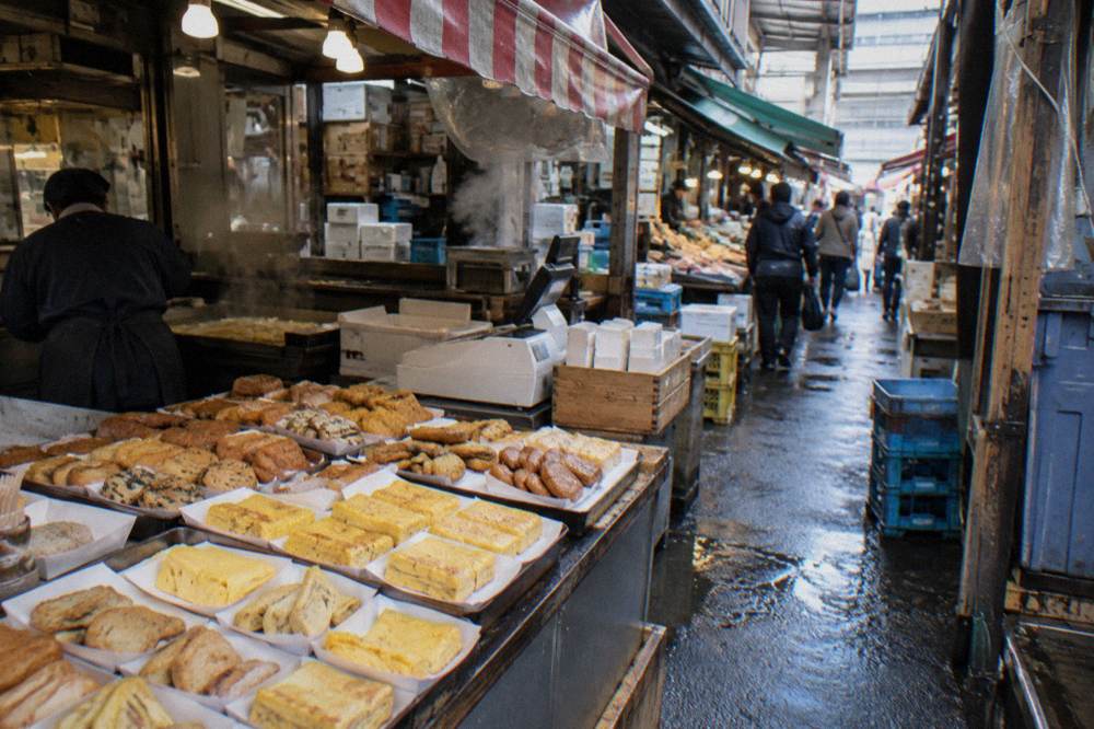 A market stall counter displaying rows of small ready-to-eat snacks each portioned into individual paper trays