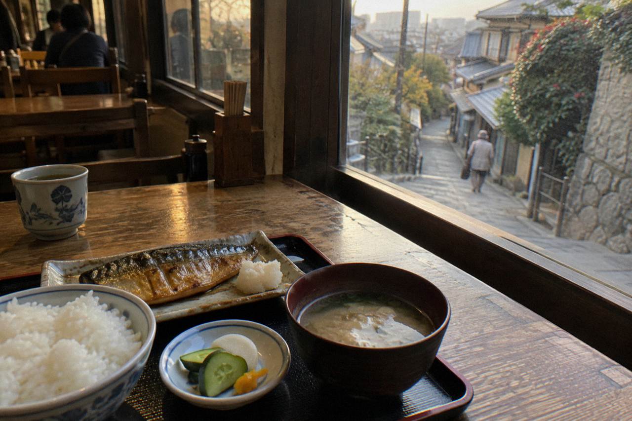 A small lacquer tray with a modest portion of rice, grilled fish and pickles set on a wooden counter in warm evening light
