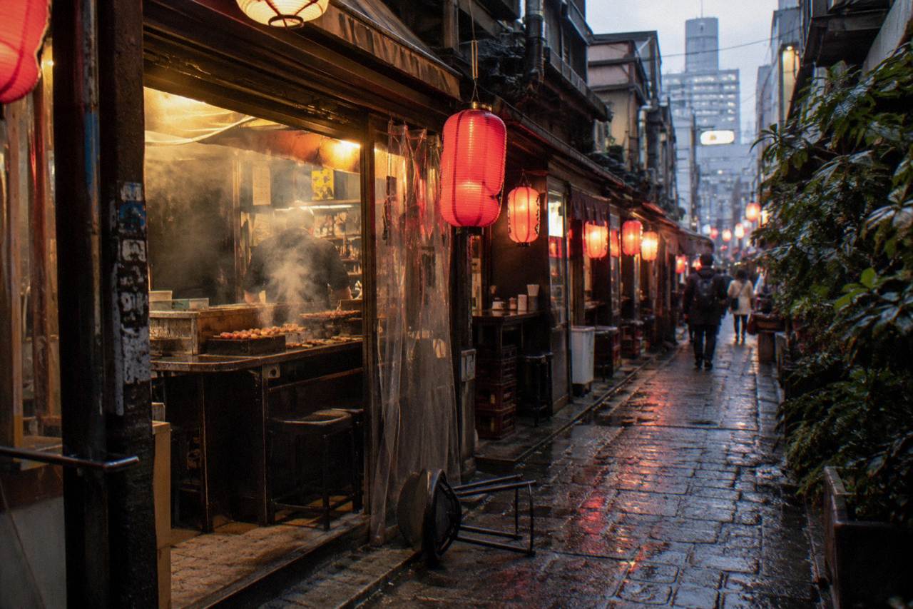 Evening view of a lantern-lit alley of small restaurants in a busy Tokyo district
