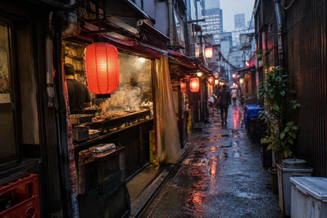Steam rising from a busy Tokyo food stall lane at dusk with lanterns glowing