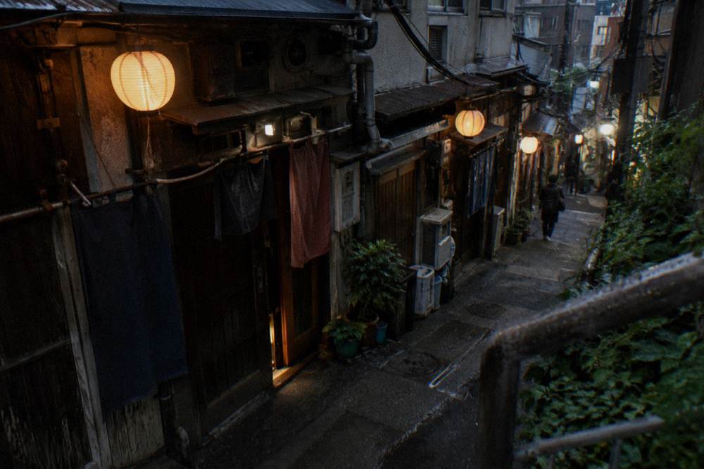 Narrow lantern-lit alley of small restaurants with noren curtains over closed doorways in the evening