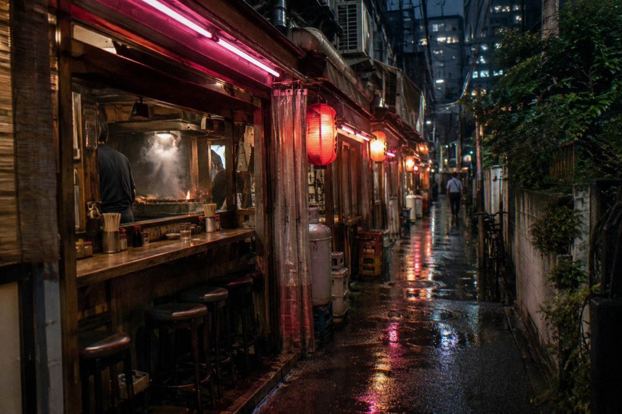 Neon signs glowing over a narrow Tokyo alley lined with tiny counter restaurants