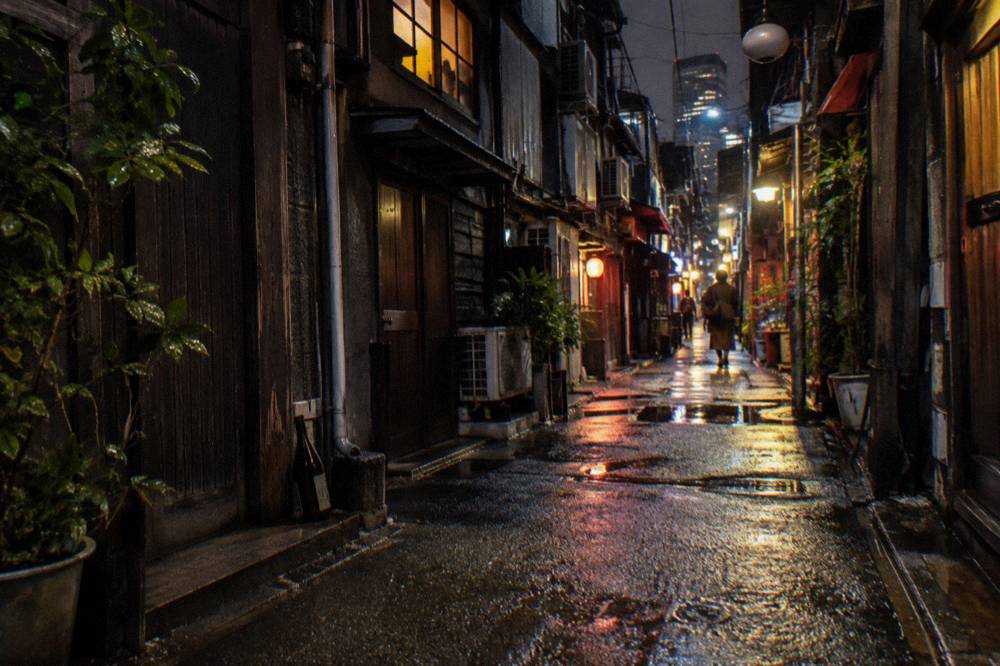 Tightly packed two-storey bar fronts with hand-painted signs along a narrow Golden Gai lane at night