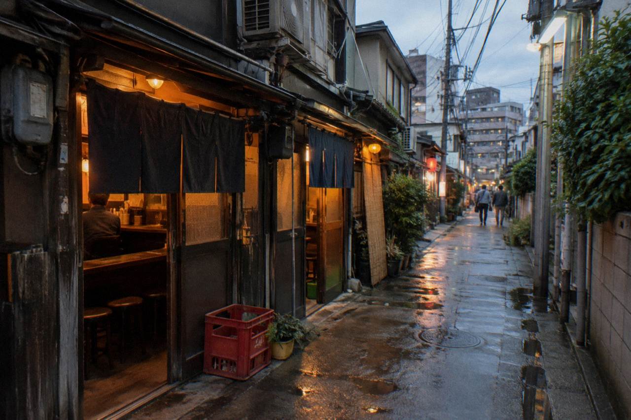 A narrow lantern-lit alley of small izakaya counters in a Tokyo backstreet at dusk
