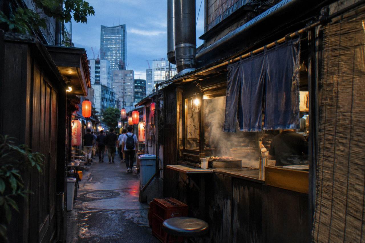 Lantern-lit alley of small eateries with steam rising from a food stall in Tokyo at dusk