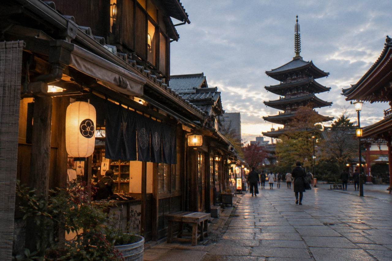 Lantern-lit shopping lane in old Tokyo with traditional wooden storefronts at dusk