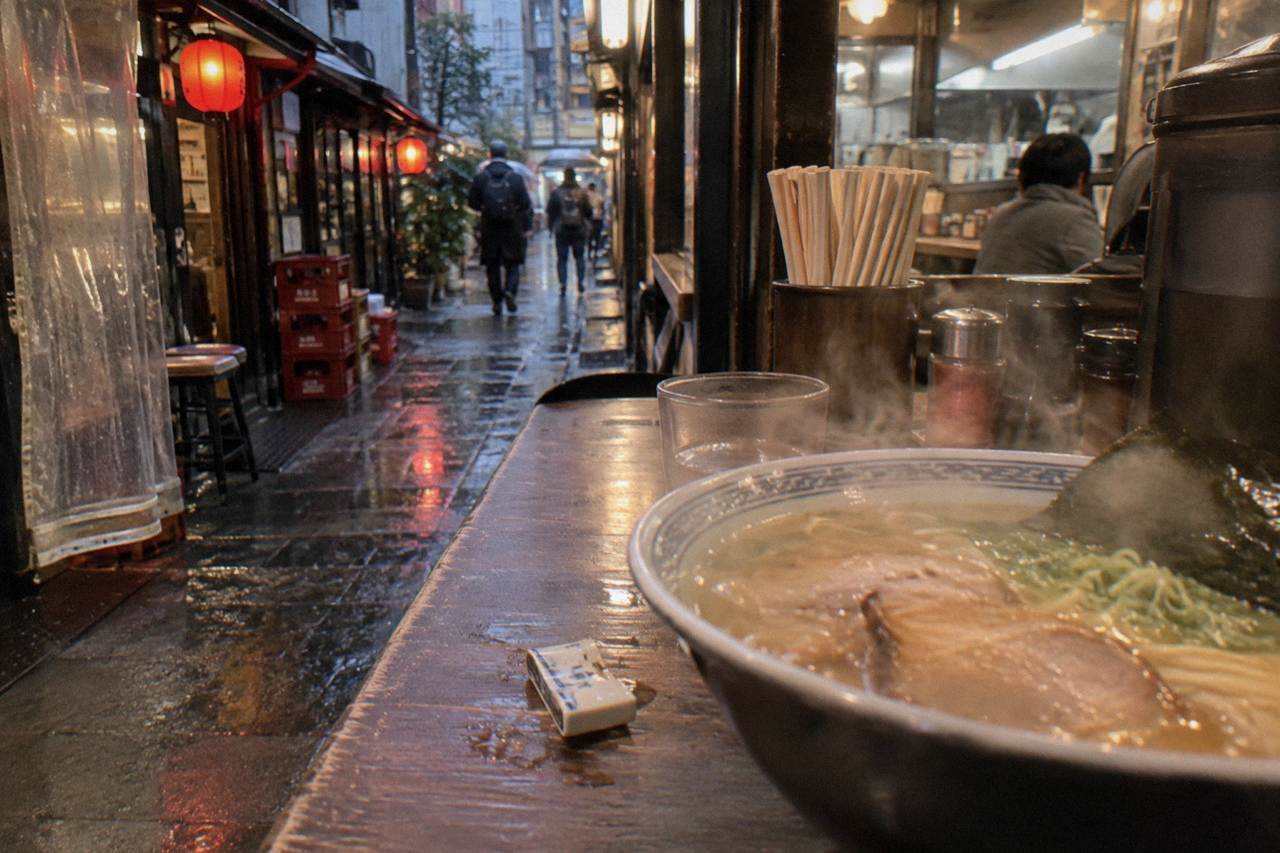 Steam rising from a bowl of ramen on a wooden counter in a small Tokyo shop