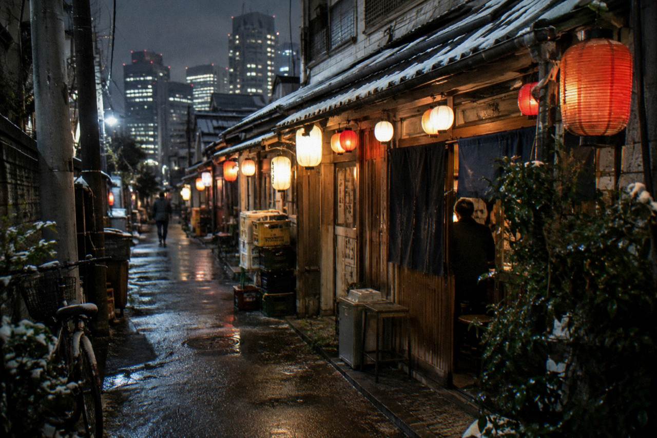 Lantern-lit narrow restaurant alley in Shinjuku at night with small counter storefronts