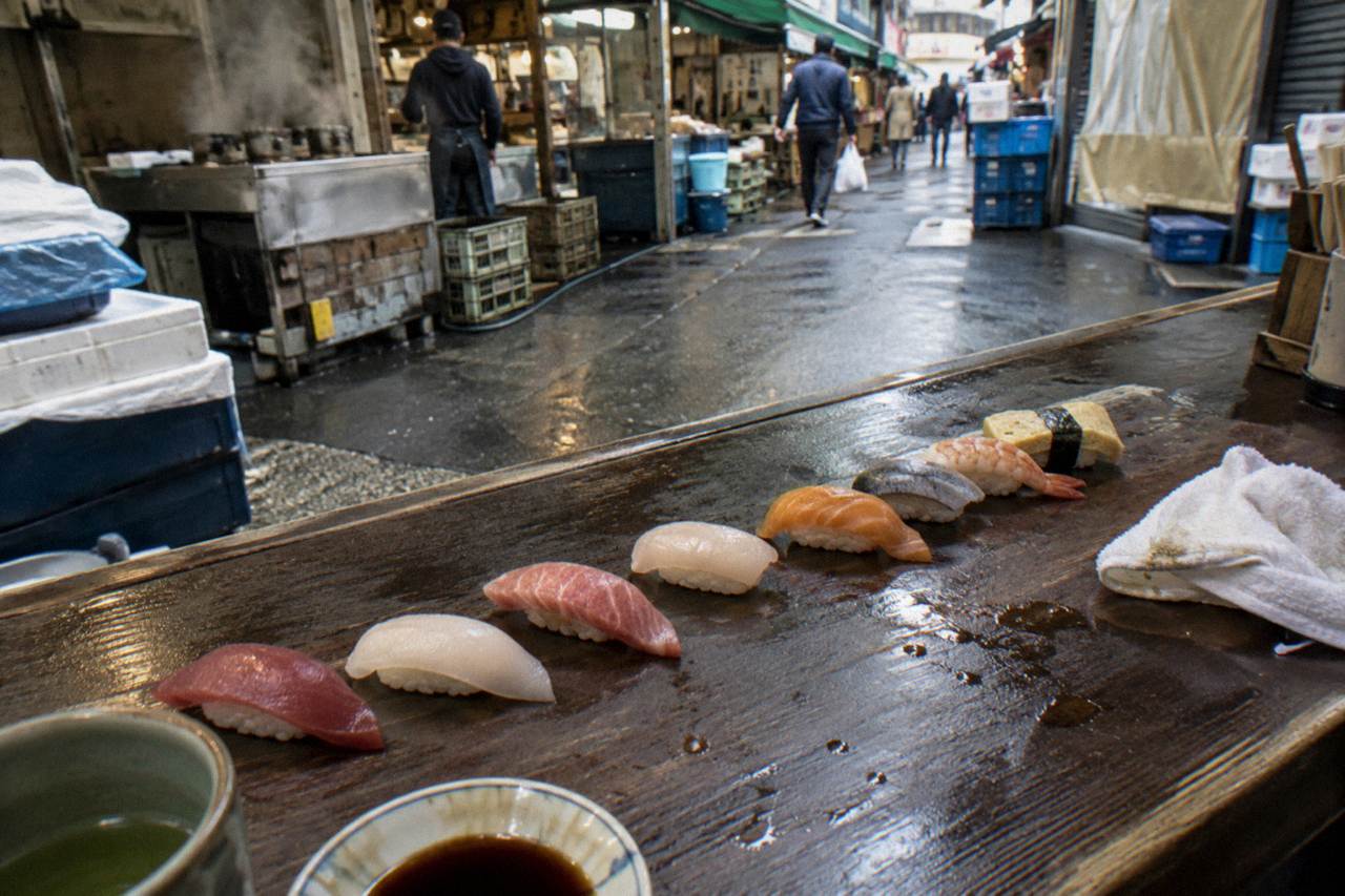 Close view of nigiri sushi pieces arranged on a dark wooden counter
