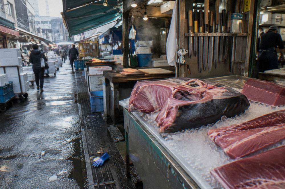 Fresh seafood and knife displays at a morning market stall in Tsukiji