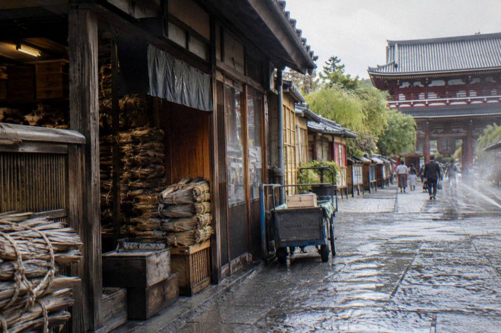 Wooden market stall fronts with hanging signs in a Tokyo shopping street in morning light