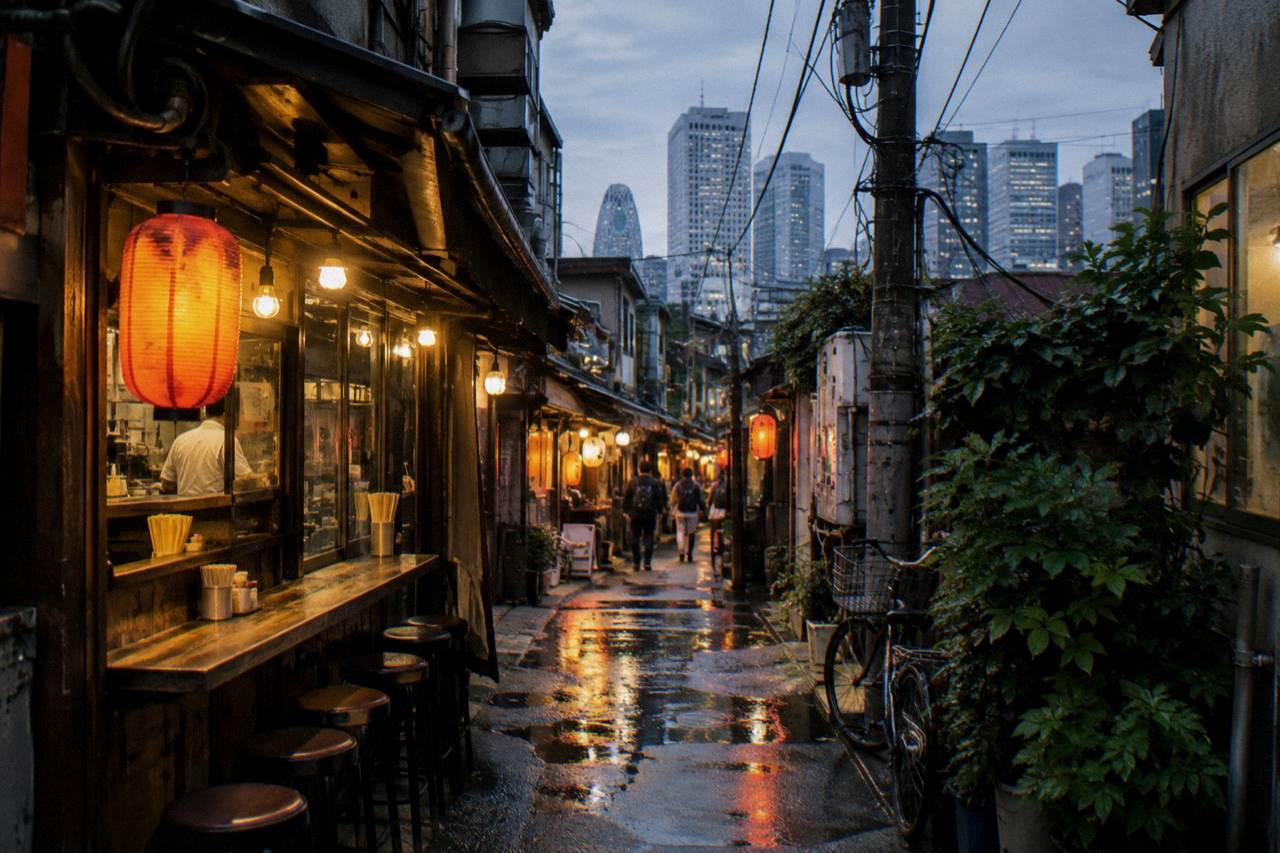 Lantern lit izakaya alley in Shinjuku at dusk with warm light on narrow lane