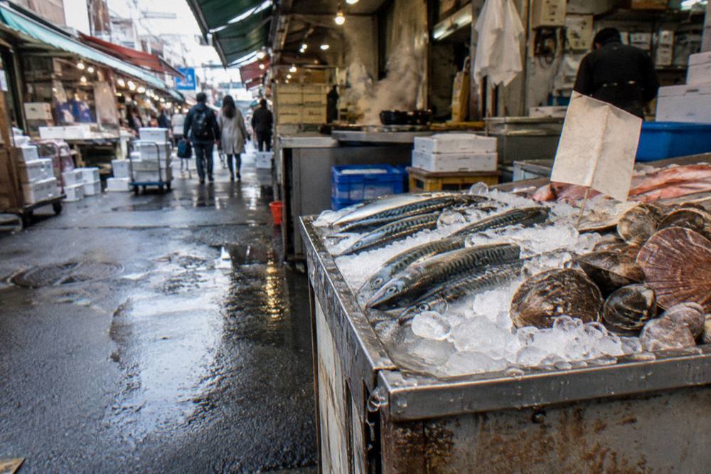 Fresh seafood and produce arranged on ice in an open-front market stall