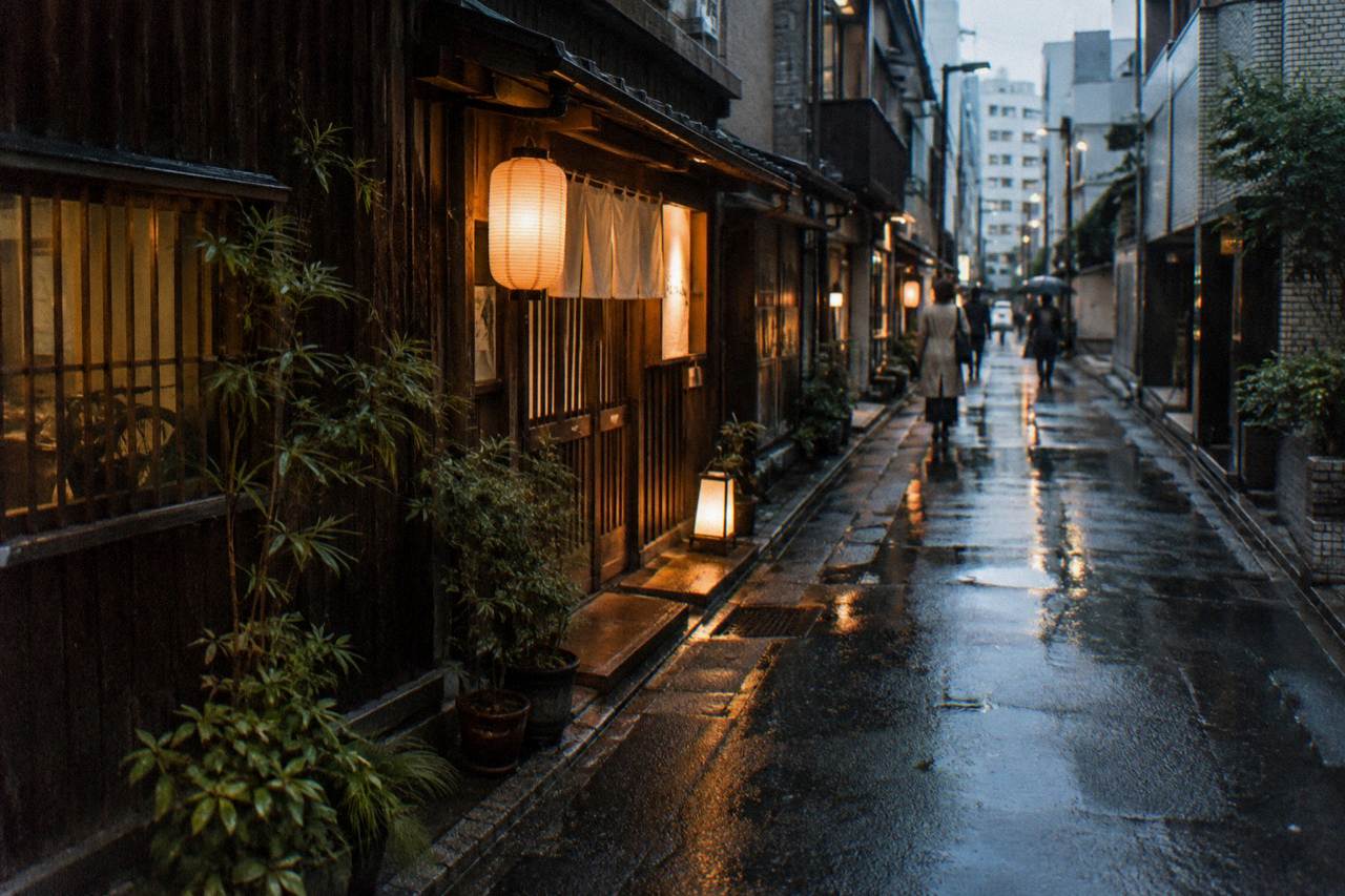 Evening view down a narrow Ginza side street with lantern light on wet pavement outside small bars