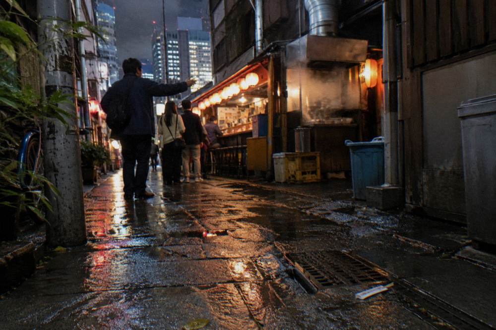 Guide leading a small group down a lantern-lit alley in Shinjuku at night