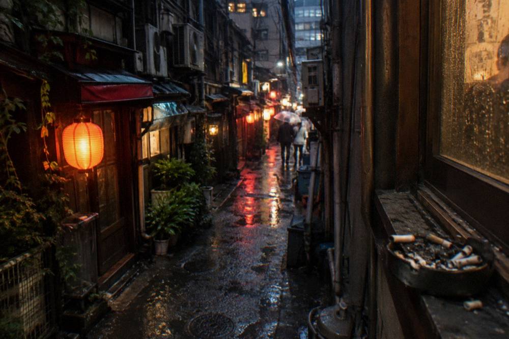 Tiny bar fronts with lanterns glowing along a narrow pedestrian alley at night