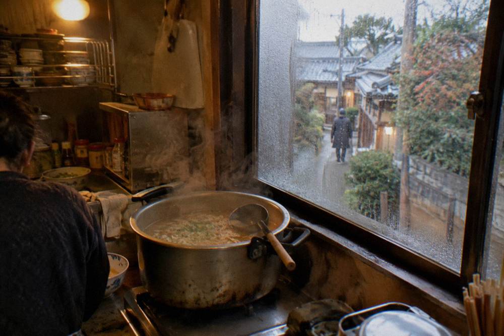 Steam rising from a pot of ramen broth on a home stove during a guided cooking lesson.