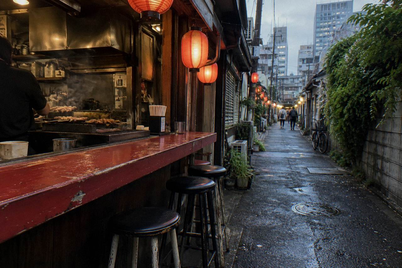 Warm lanterns glowing over a narrow Shinjuku alley of small eateries at night