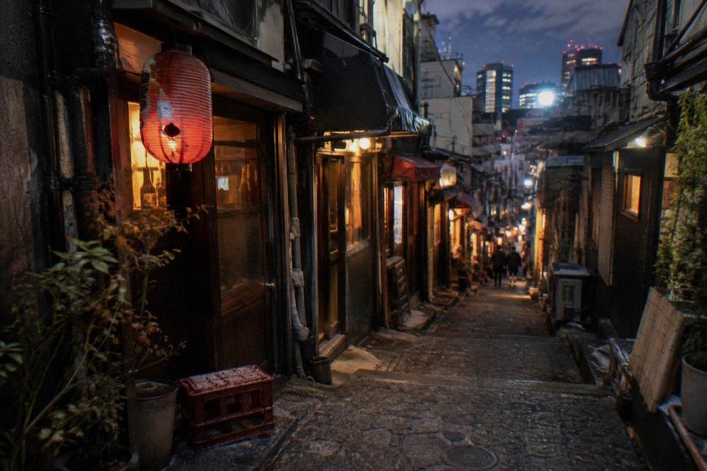 Narrow Golden Gai alley lined with tiny lit bars and paper lanterns