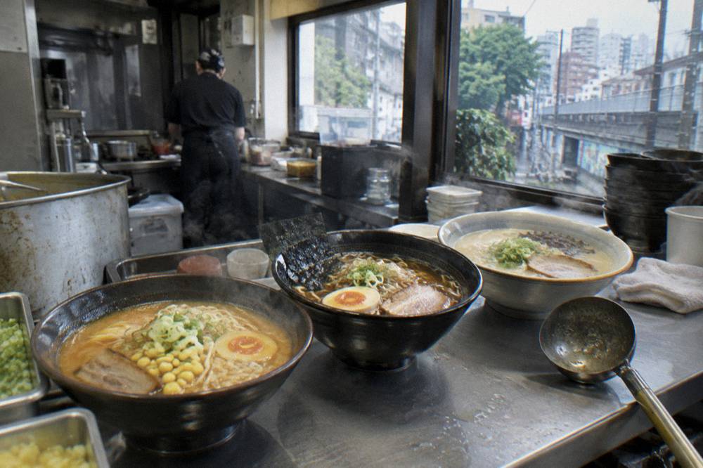 Bowls of miso, shoyu and tonkotsu ramen lined up on a stainless steel kitchen counter