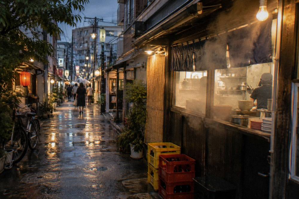 Steam rising from a ramen counter window on a shopping street at night