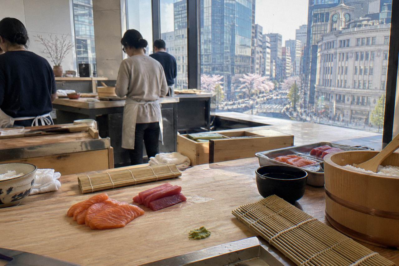 Counter with fresh salmon, tuna, wasabi and bamboo rolling mats laid out for a sushi class