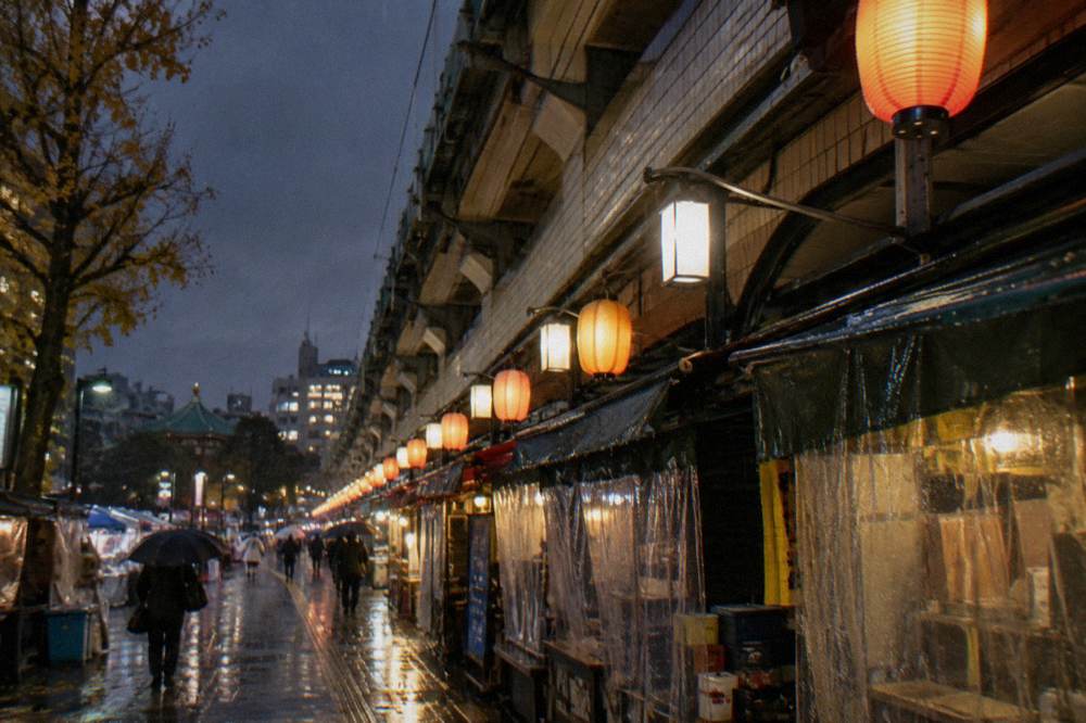 Row of hanging lanterns and shop signs above a narrow shopping arcade at night