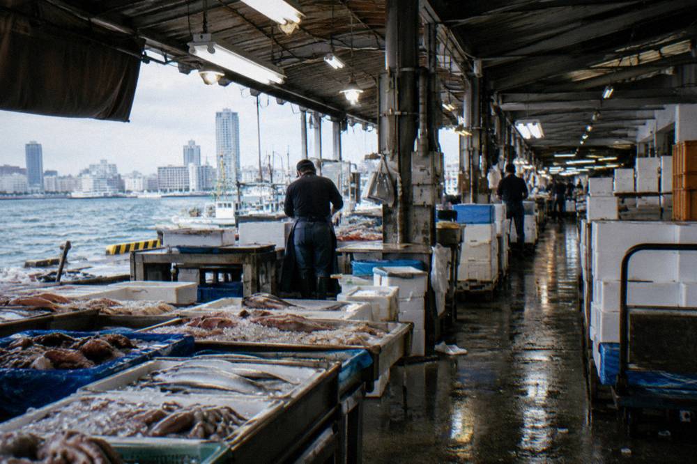 Stalls of fresh seafood and prepared snacks lining a covered market lane