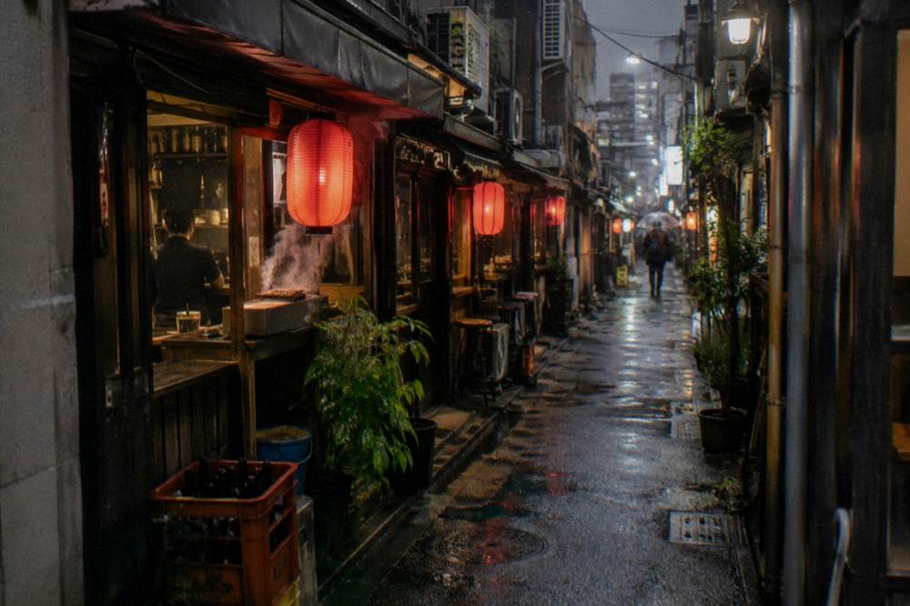 Lantern-lit alley of small bars with smoke drifting from grill counters