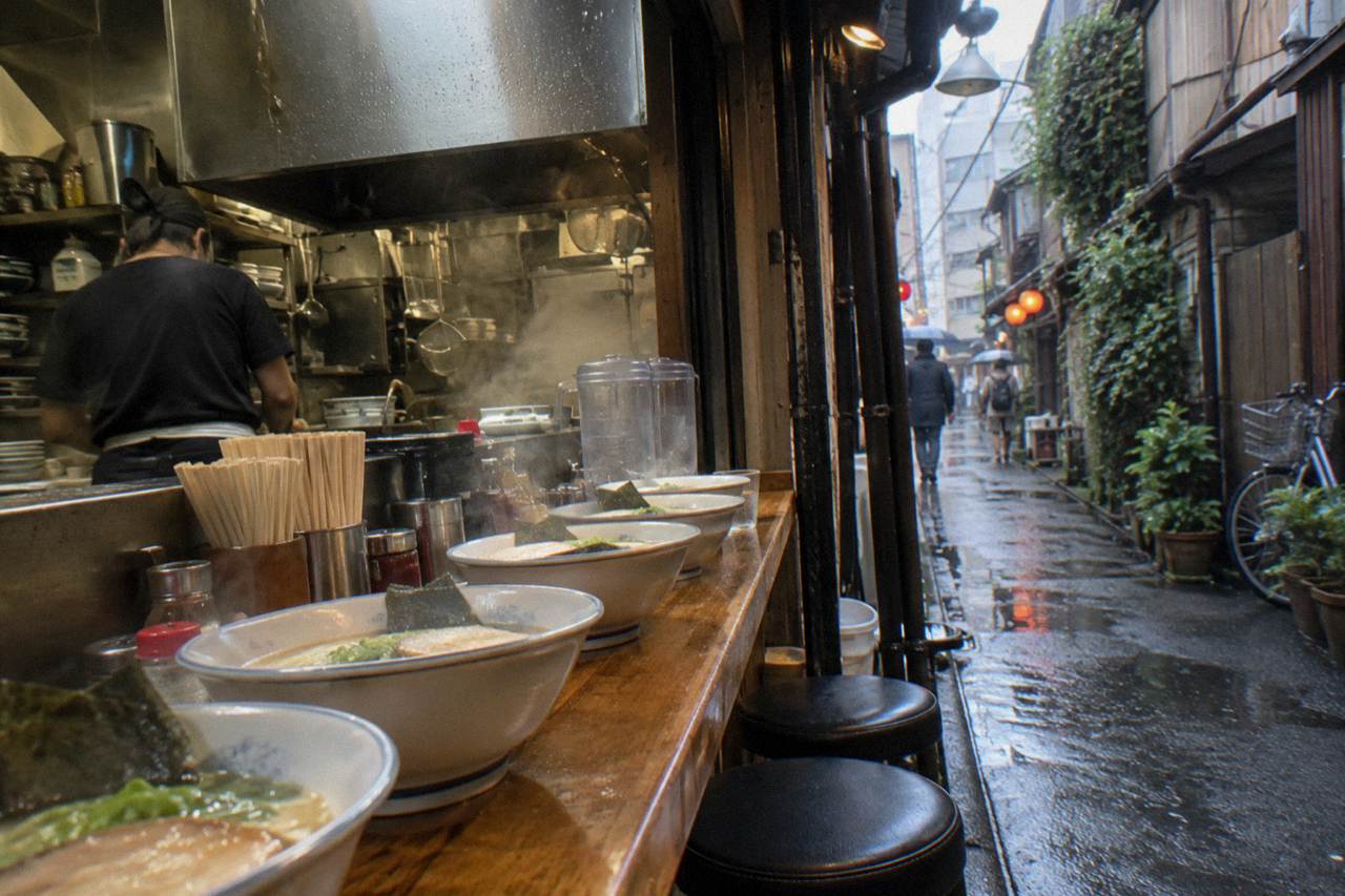 Rows of steaming ramen bowls on a wooden counter in a small Tokyo shop