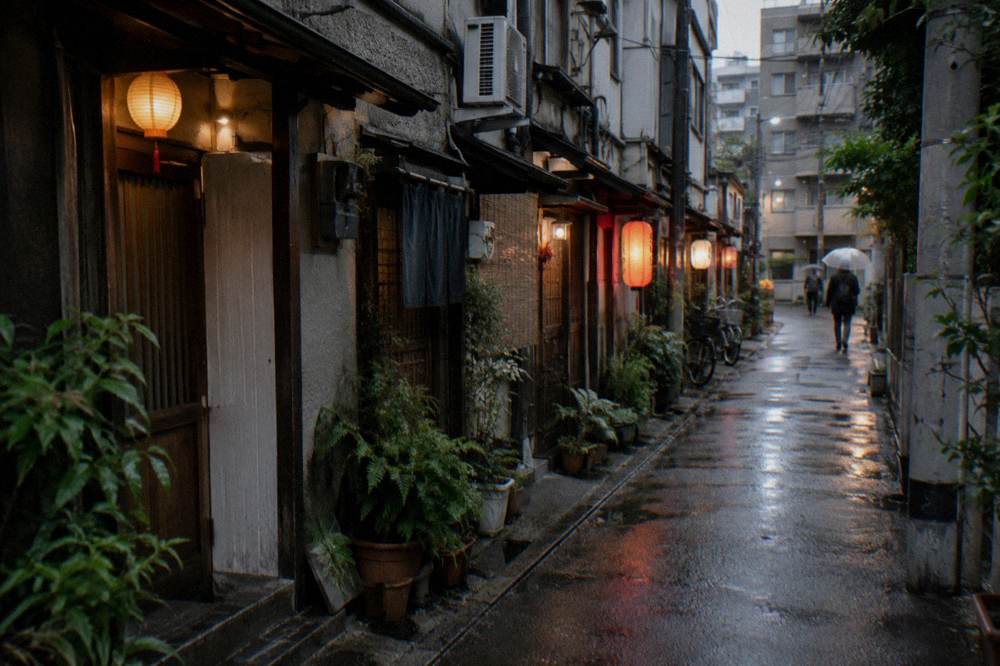 A lantern-lit narrow residential street in a Tokyo suburb lined with tiny izakaya entrances
