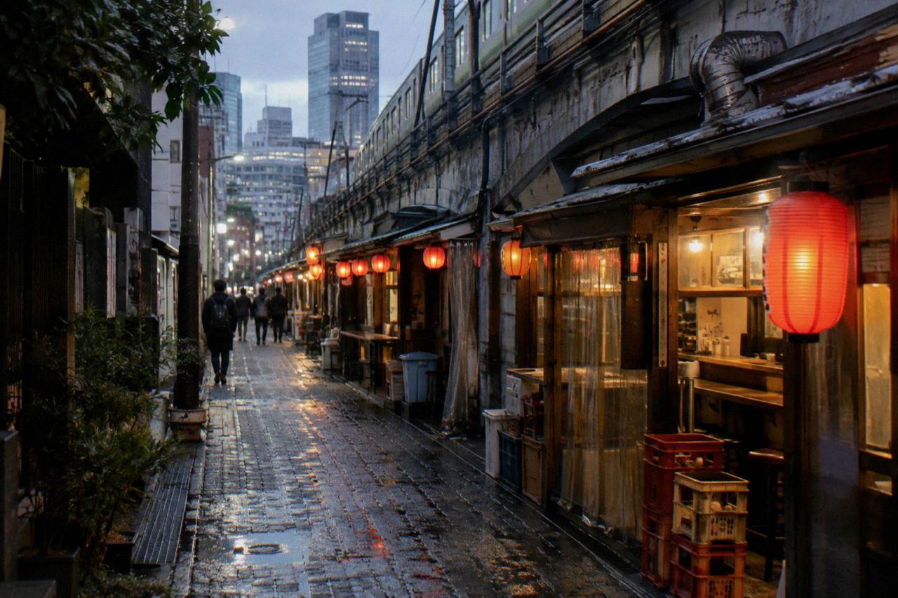 Evening view down a narrow Shibuya alley lit by red lanterns and small shop signs above counter restaurants