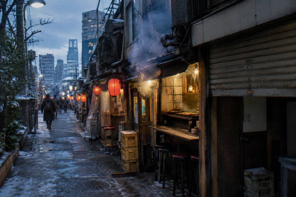Grill smoke rising from a narrow lane of small counter restaurants in Shinjuku at dusk