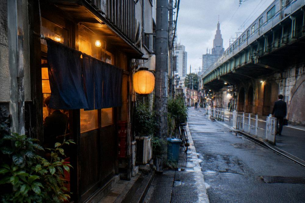 Warm light spilling from a small izakaya entrance down a Shinjuku side street
