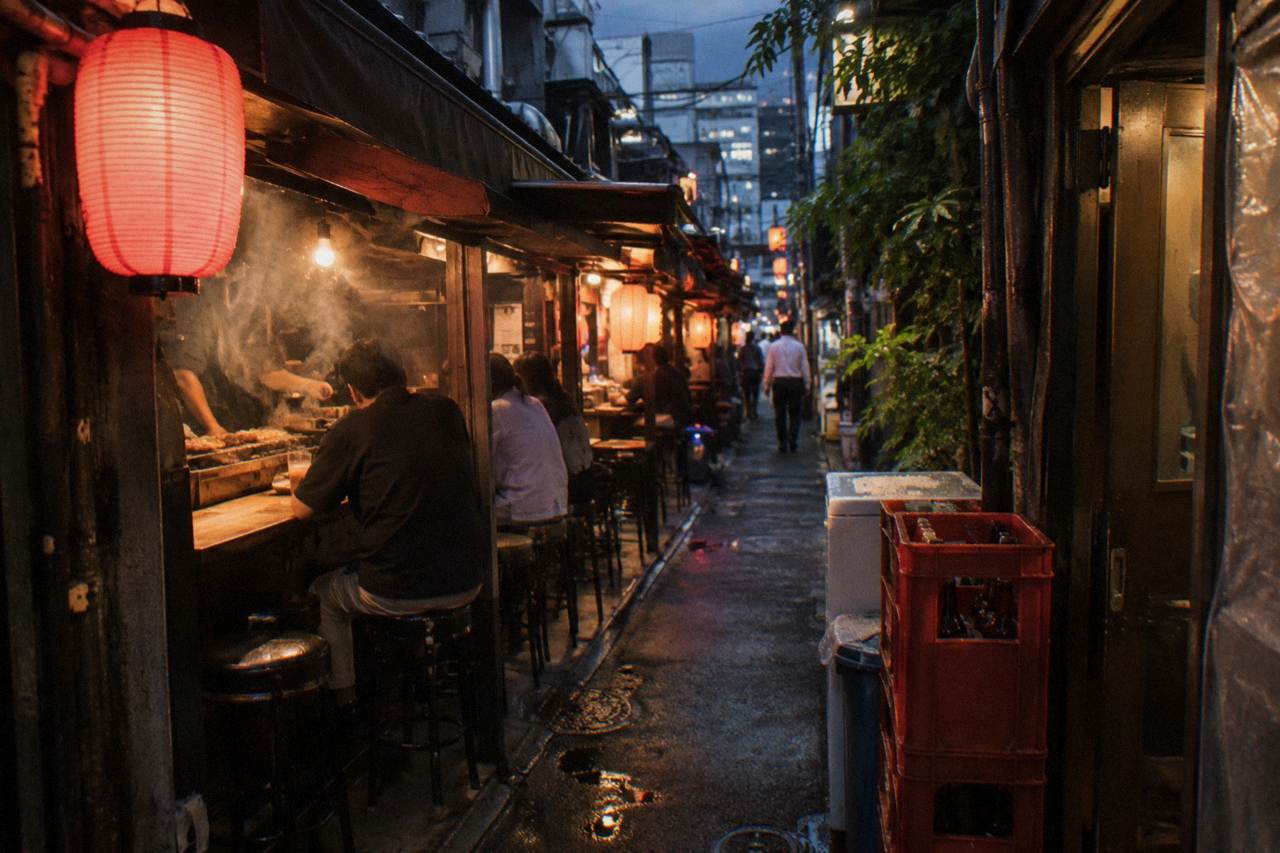 Row of tiny lantern-lit yakitori counters along a narrow Shinjuku alley at night