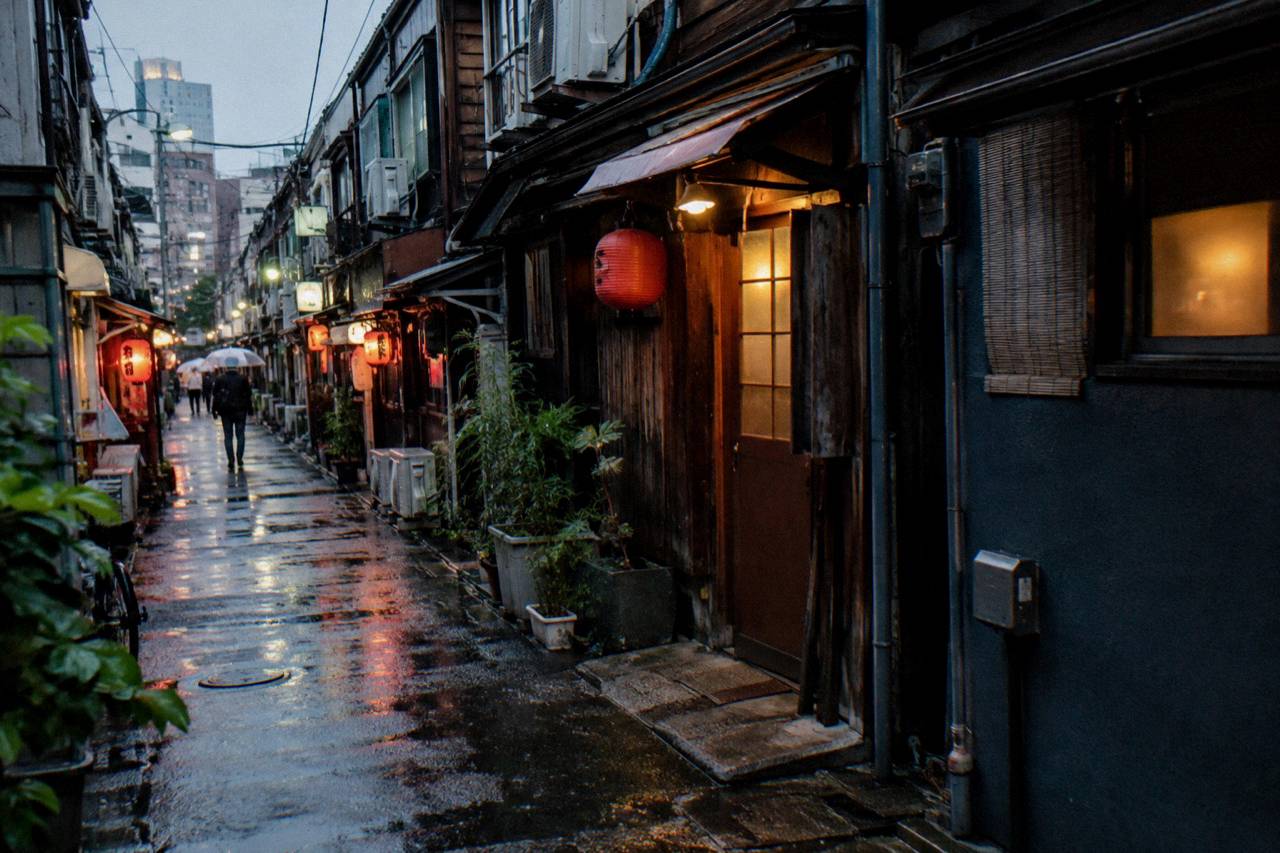 Wide evening establishing shot of Golden Gai in Tokyo, a cluster of narrow wooden bar houses with colored lanterns and tiny doorways on a quiet back street
