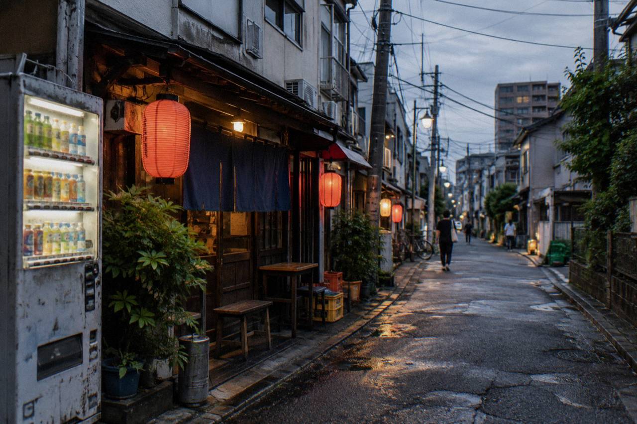 Wide summer twilight view down a low-rise back street in Sangenjaya, Tokyo